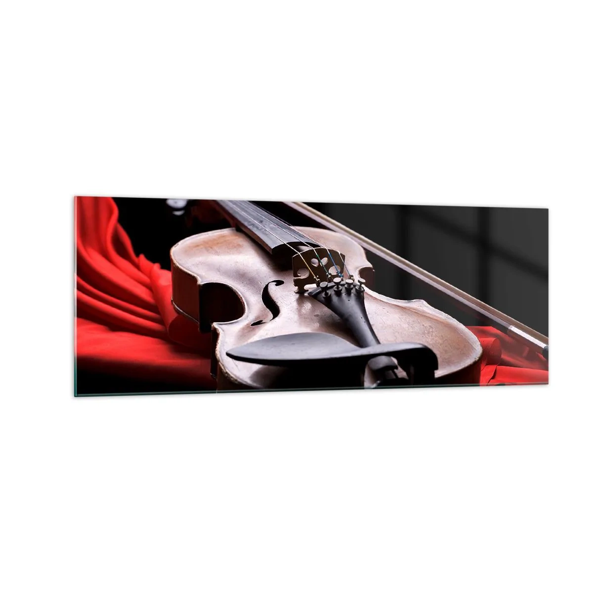 Obraz na szkle - Skrzypce na czerwonym materiale z czarnym tłem - 140x50cm - Muzyka uczuć - Nowoczesna dekoracja ścienna do salonu i sypialni ARTTOR