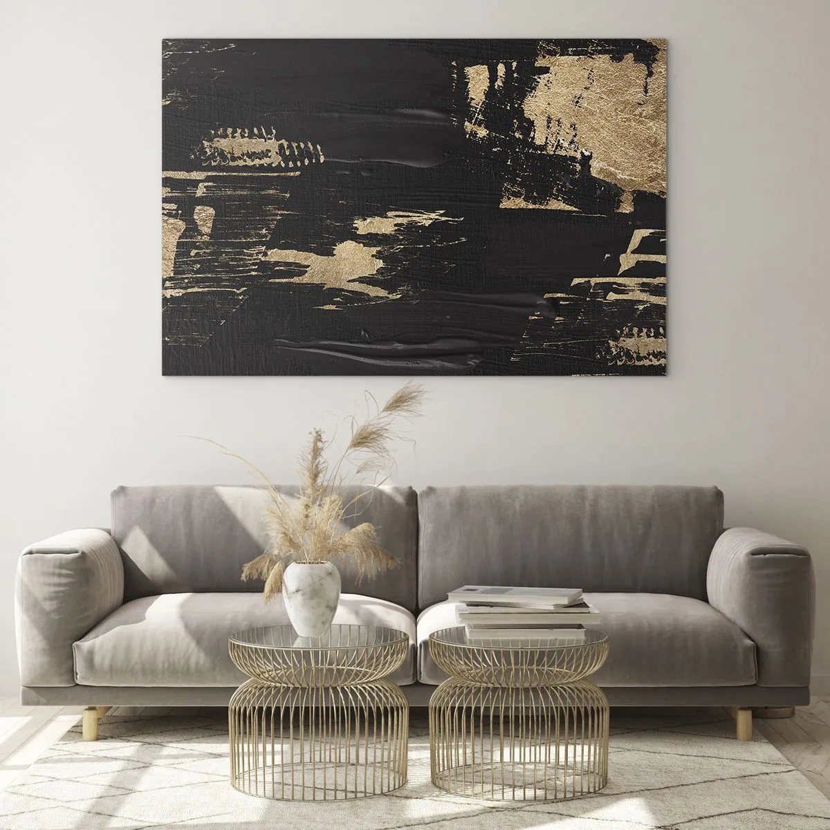 Obraz na szkle - Czarno-złota abstrakcja z fakturą przypominającą pociągnięcia pędzla - 100x70cm - Ślad dotyku - Nowoczesna dekoracja ścienna do salonu, kuchni i sypialni ARTTOR