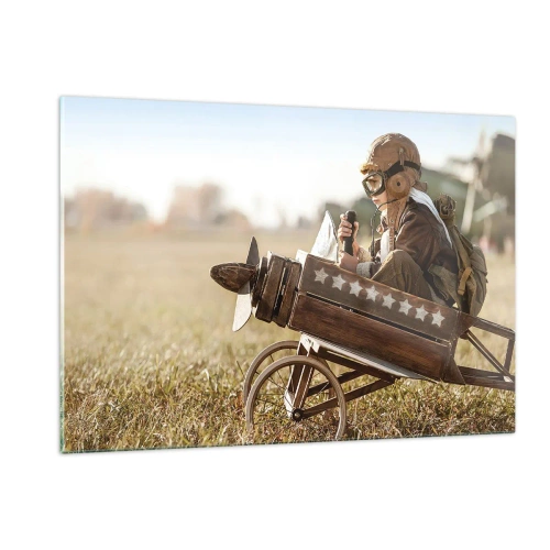 Obraz na szkle - Dziecko w drewnianym samolocie, udające pilota, w ubraniu lotniczym - 120x80cm - Start ku marzeniu - Nowoczesna dekoracja ścienna do salonu, kuchni i sypialni ARTTOR