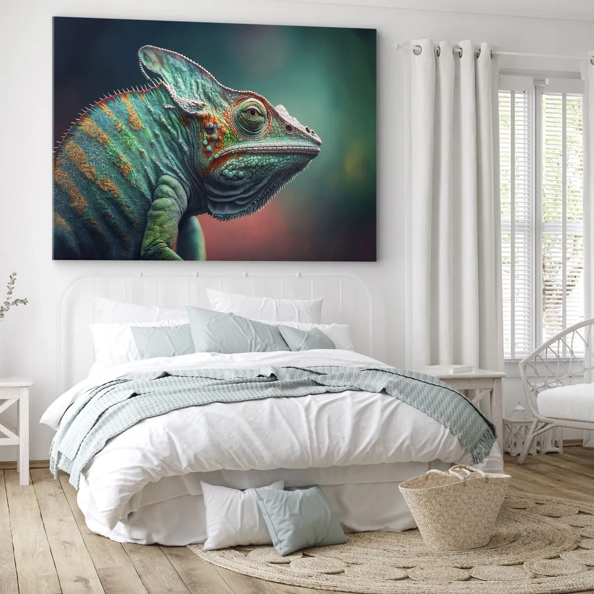 Obraz na płótnie - Zbliżenie na kameleona w intensywnych kolorach - 70x50cm - Widzisz mnie? Niedobrze… - Nowoczesna dekoracja ścienna do salonu i sypialni ARTTOR