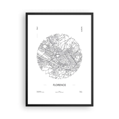 Plakat w czarnej ramie - Minimalistyczna mapa Florencji w czarno-białej tonacji - 50x70cm - Anatomia Florencji - Nowoczesna dekoracja ścienna do salonu i sypialni ARTTOR
