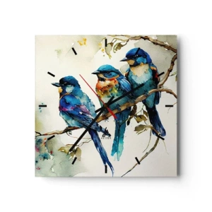 Zegar ścienny - Trzy kolorowe ptaki na gałęzi w akwarelowym stylu - 30x30cm - Obraził się? - Nowoczesna dekoracja ścienna do salonu i sypialni ARTTOR