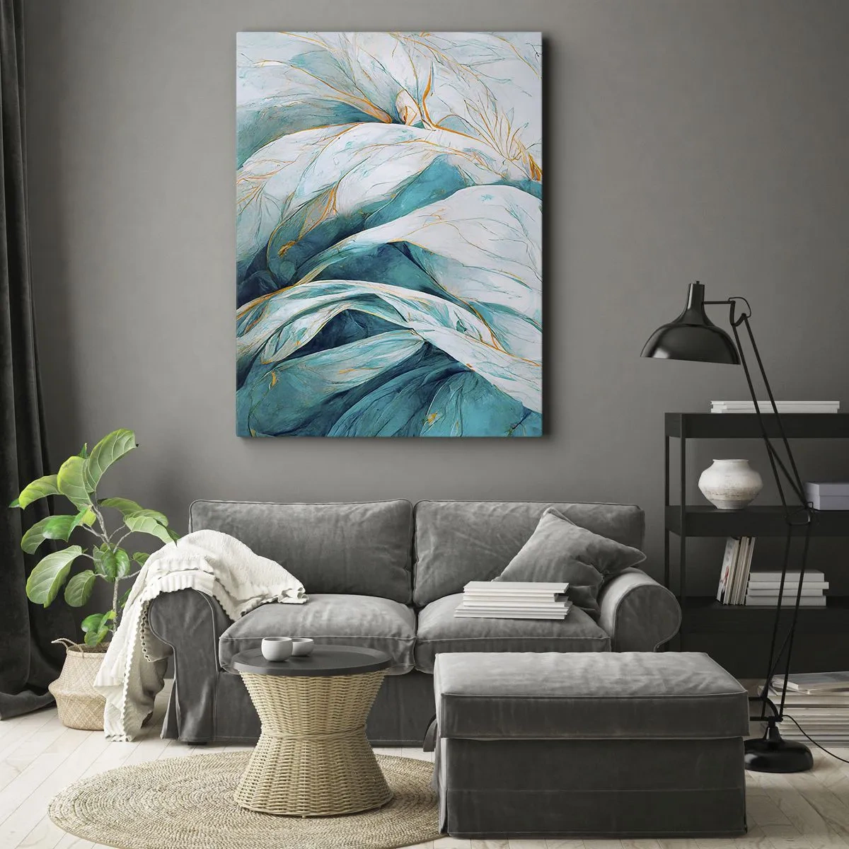 Obraz na płótnie - Abstrakcyjne liście w odcieniach turkusu i bieli z delikatnymi złotymi akcentami - 50x70cm - Błękitna abstrakcja z motywem złota - Nowoczesna dekoracja ścienna do salonu, kuchni i sypialni ARTTOR