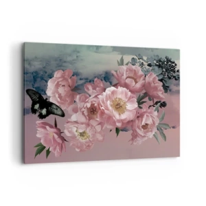 Obraz na płótnie - Różowe piwonie z motylem na pastelowym tle - 100x70cm - Szczyt romantyzmu - Nowoczesna dekoracja ścienna do salonu, kuchni i sypialni ARTTOR
