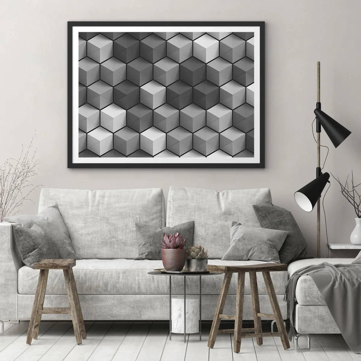 Plakat w czarnej ramie - Geometryczna kompozycja kostek w odcieniach szarości i czerni - 70x50cm - Kubistyczna układanka - Nowoczesna dekoracja ścienna do salonu i sypialni ARTTOR