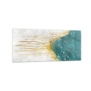 Obraz na szkle - Abstrakcyjna kompozycja w odcieniach złota i turkusu - 120x50cm - Złoty przypływ - Nowoczesna dekoracja ścienna do salonu i sypialni ARTTOR