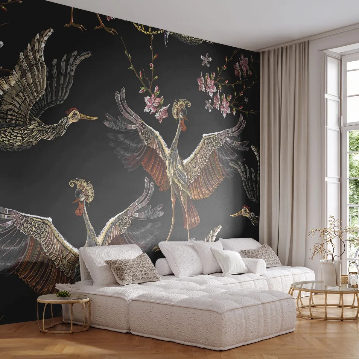 Fototapeta Premium Sand - Orientalny wzór z żurawiami i kwiatami na czarnym tle - 100x70cm - Baśniowy ptak - Nowoczesna dekoracja ścienna do salonu, kuchni i sypialni ARTTOR