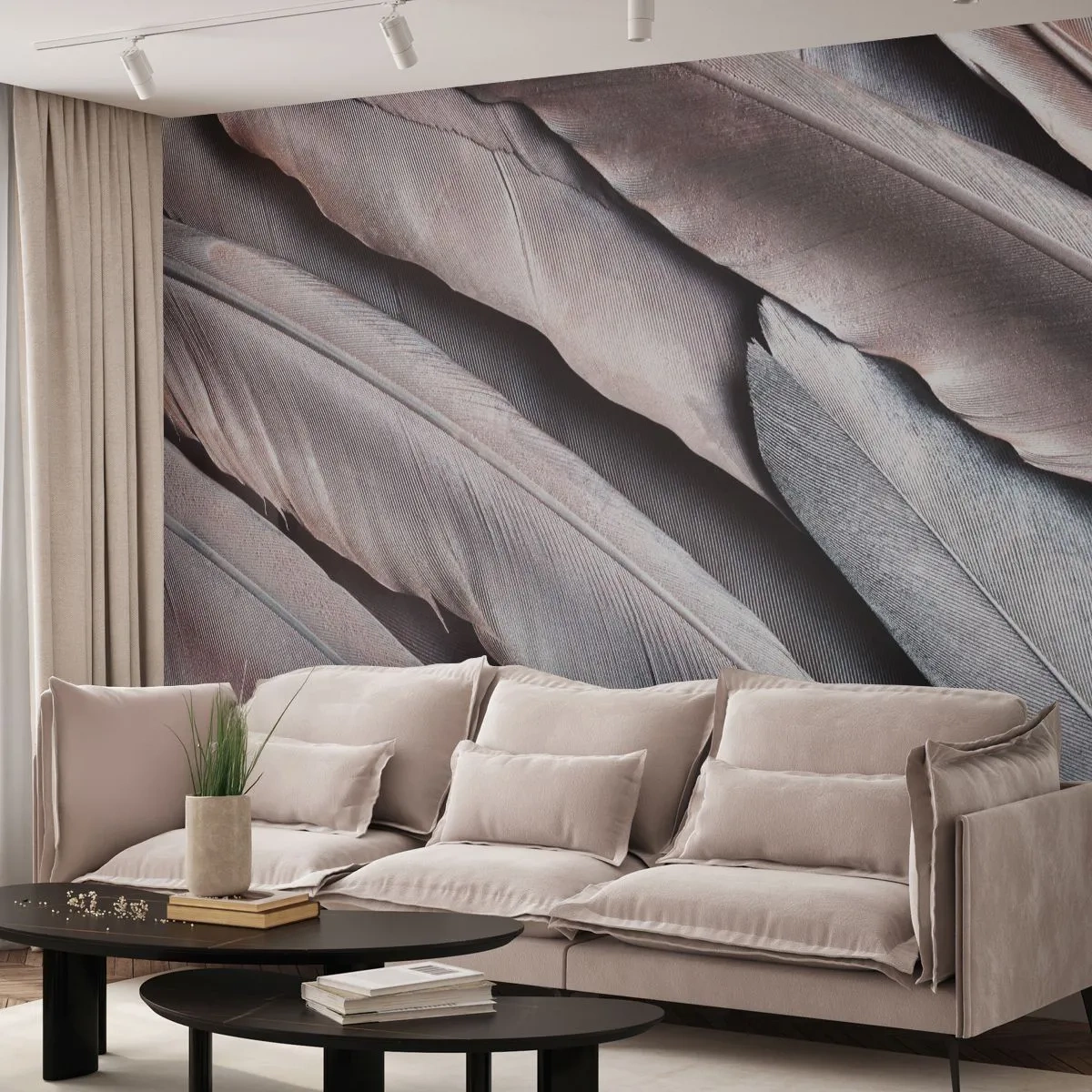 Fototapeta Premium Sand - Delikatne pióra w odcieniach różu i srebra - 100x70cm - W różowej srebrzystości - Nowoczesna dekoracja ścienna do salonu, kuchni i sypialni ARTTOR