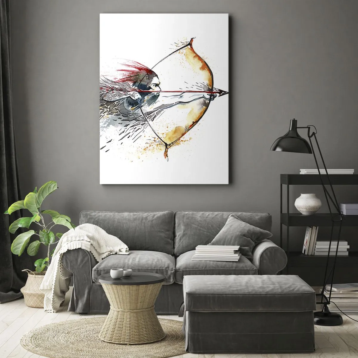 Obraz na płótnie - Mityczny wojownik z ognistym łukiem w rękach, malowany akwarelą w odcieniach czerwieni i pomarańczu - 50x70cm - Mityczny wojownik z ognistym łukiem - Nowoczesna dekoracja ścienna do salonu, kuchni i sypialni ARTTOR