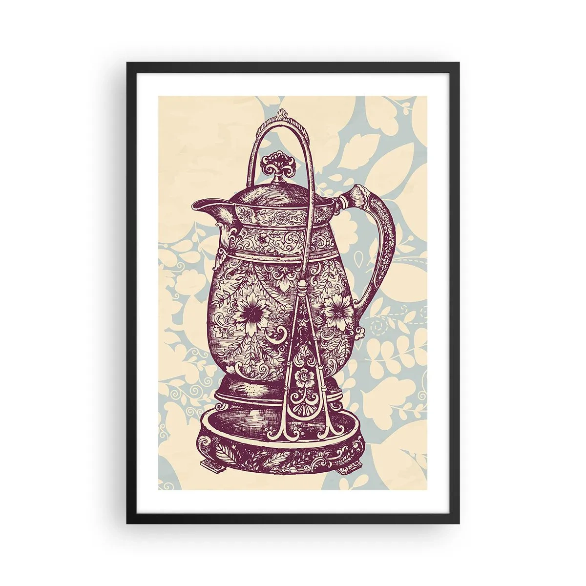 Plakat w czarnej ramie - Zdobiony dzbanek w stylu vintage na ozdobnym tle - 50x70cm - Uroda codzienności - Nowoczesna dekoracja ścienna do salonu i sypialni ARTTOR
