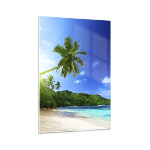Obraz na szkle - Tropikalna plaża z palmami i turkusowym morzem - 70x100cm - Łagodny dotyk tropików - Nowoczesna dekoracja ścienna do salonu i sypialni ARTTOR