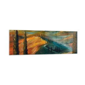 Obraz na szkle - Toskański krajobraz z polami, drogą i cyprysami - 160x50cm - Toskański pejzaż - Nowoczesna dekoracja ścienna do salonu i sypialni ARTTOR