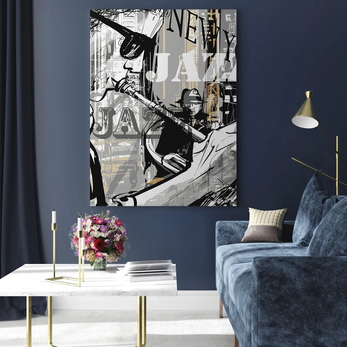 Obraz na szkle - Stylowy rysunek jazzmana grającego na trąbce w scenerii Nowego Jorku - 50x70cm - W rytmie Nowego Jorku - Nowoczesna dekoracja ścienna do salonu, kuchni i sypialni ARTTOR