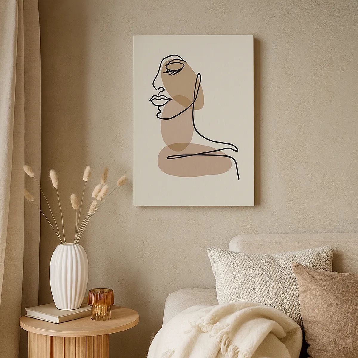 Obraz na płótnie - Minimalistyczna linia tworząca profil kobiety na beżowym tle - 50x70cm - Zasłuchana w siebie - Nowoczesna dekoracja ścienna do salonu, kuchni i sypialni ARTTOR