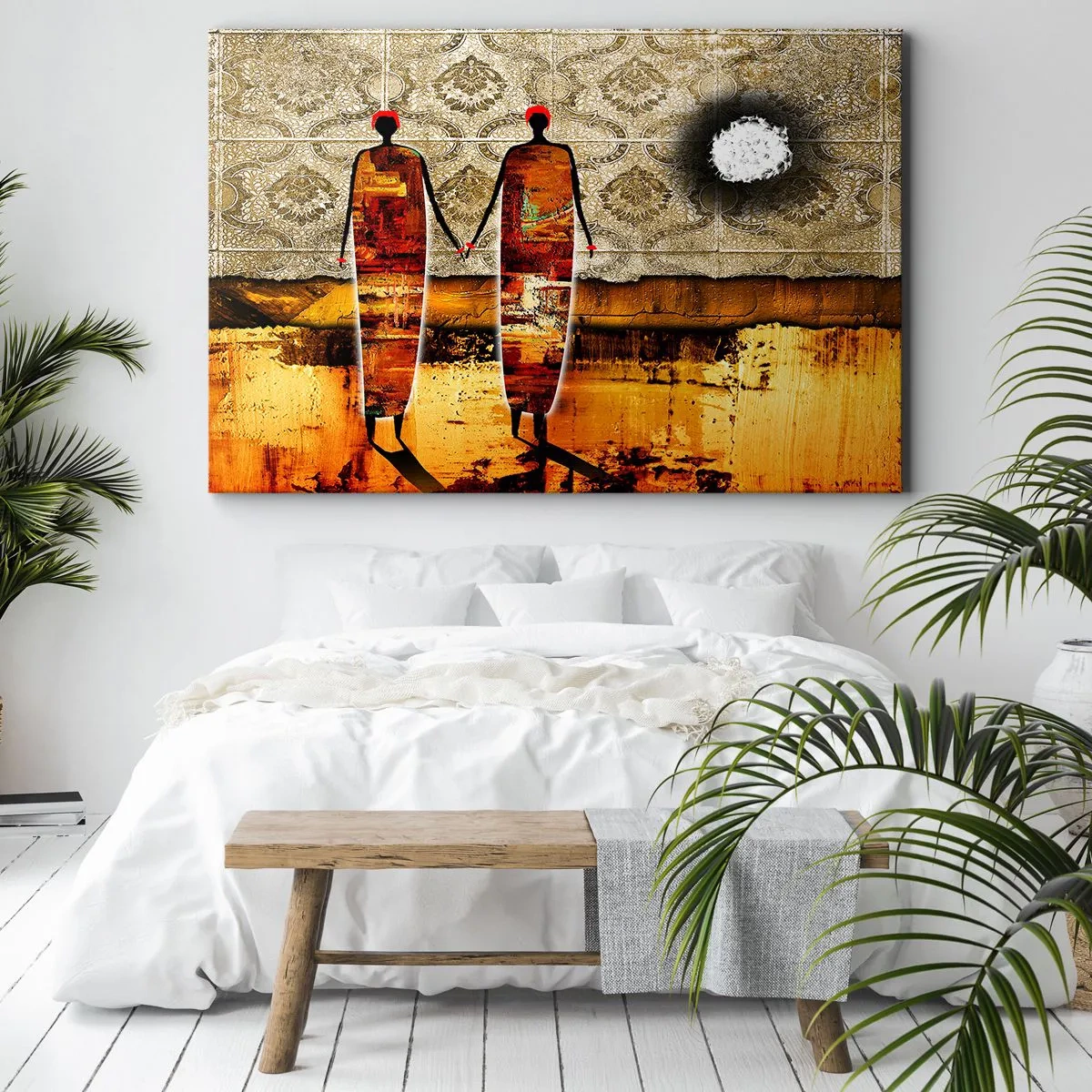 Obraz na płótnie - Abstrakcyjna para postaci na tle złotych wzorów i krajobrazu - 100x70cm - Kompozycja etniczna w kolorach Afryki - Nowoczesna dekoracja ścienna do salonu, kuchni i sypialni ARTTOR