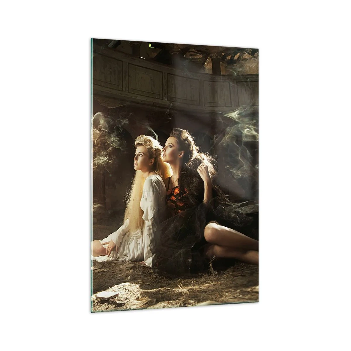 Obraz na szkle - Dwie kobiety w magicznej scenerii z eterycznymi efektami świetlnymi - 70x100cm - I stała się poezja - Nowoczesna dekoracja ścienna do salonu i sypialni ARTTOR
