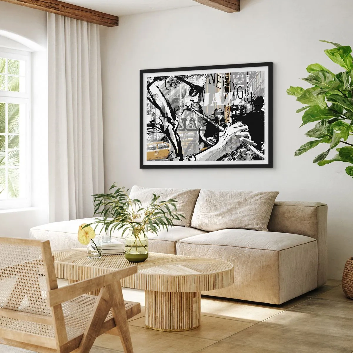 Plakat w czarnej ramie - Jazzowa scena w Nowym Jorku - 70x50cm - W rytmie Nowego Jorku - Nowoczesna dekoracja ścienna do salonu i sypialni ARTTOR