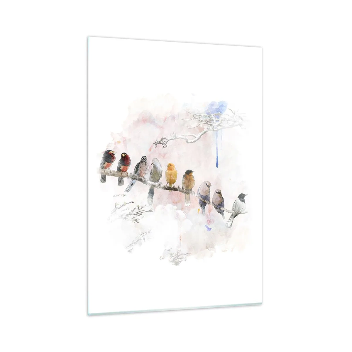 Obraz na szkle - Kolorowe ptaki na gałęzi w malarskim stylu - 50x70cm - Skrzydlate spotkanie - Nowoczesna dekoracja ścienna do salonu, kuchni i sypialni ARTTOR