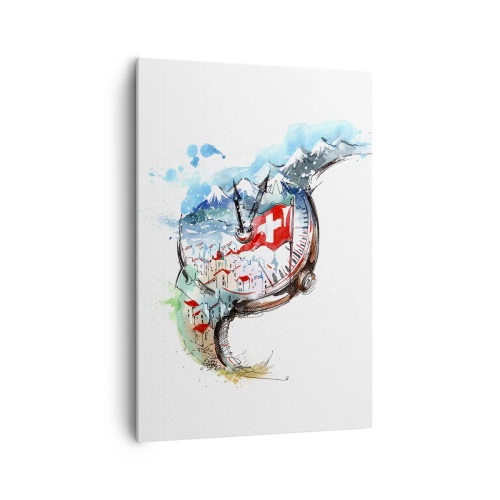 Obraz na płótnie - Akwarelowy krajobraz Szwajcarii w zegarku - 70x100cm - Duch Szwajcarii - Nowoczesna dekoracja ścienna do salonu i sypialni ARTTOR