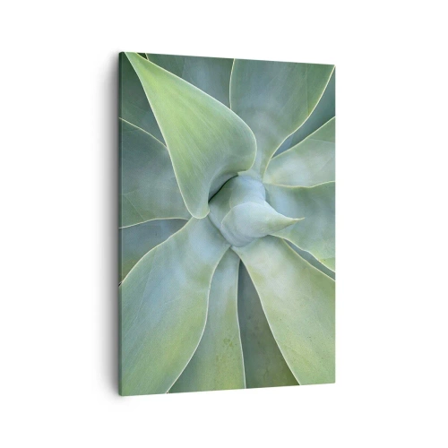 Obraz na płótnie - Zbliżenie na symetryczne, mięsiste liście agawy w odcieniach zieleni - 50x70cm - Narodziny zieleni - Nowoczesna dekoracja ścienna do salonu, kuchni i sypialni ARTTOR