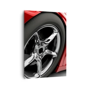 Obraz na płótnie - Czerwony sportowy samochód z chromowanym kołem - 70x100cm - Stworzony do szybkości - Nowoczesna dekoracja ścienna do salonu i sypialni ARTTOR