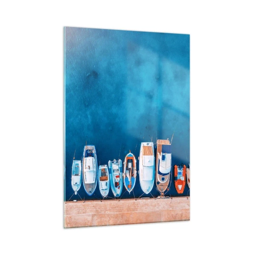 Obraz na szkle - Łodzie przycumowane do brzegu widziane z lotu ptaka - 50x70cm - W jednym rzędzie - Nowoczesna dekoracja ścienna do salonu, kuchni i sypialni ARTTOR