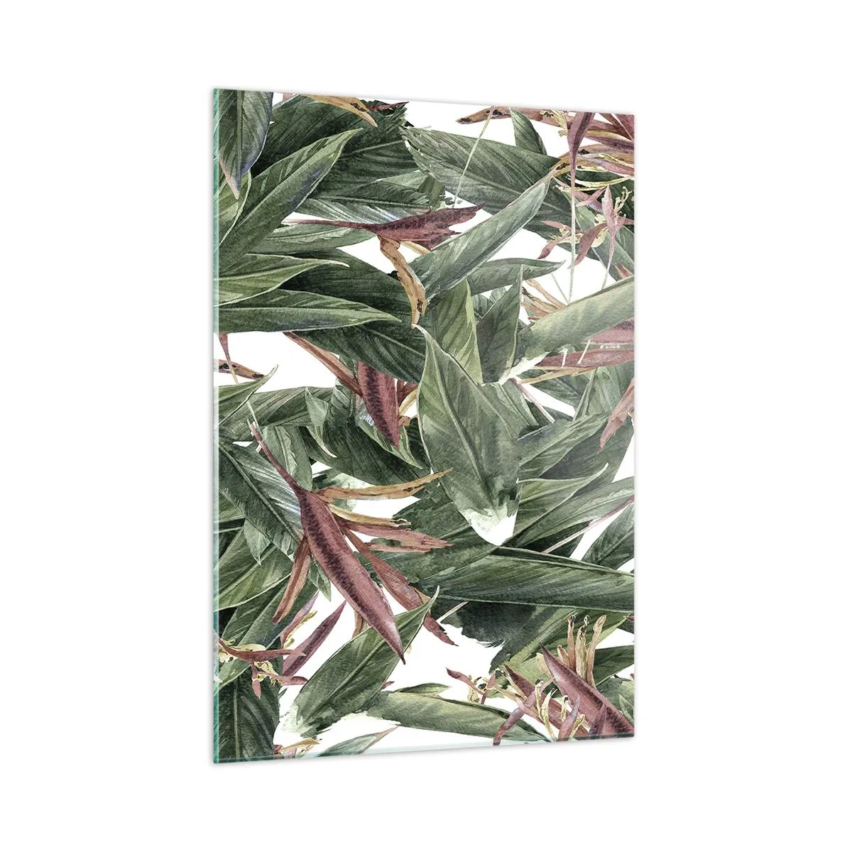 Obraz na szkle - Liście w zielonych i bordowych odcieniach na jasnym tle - 50x70cm - Szmaragdowo-liliowy gąszcz - Nowoczesna dekoracja ścienna do salonu, kuchni i sypialni ARTTOR