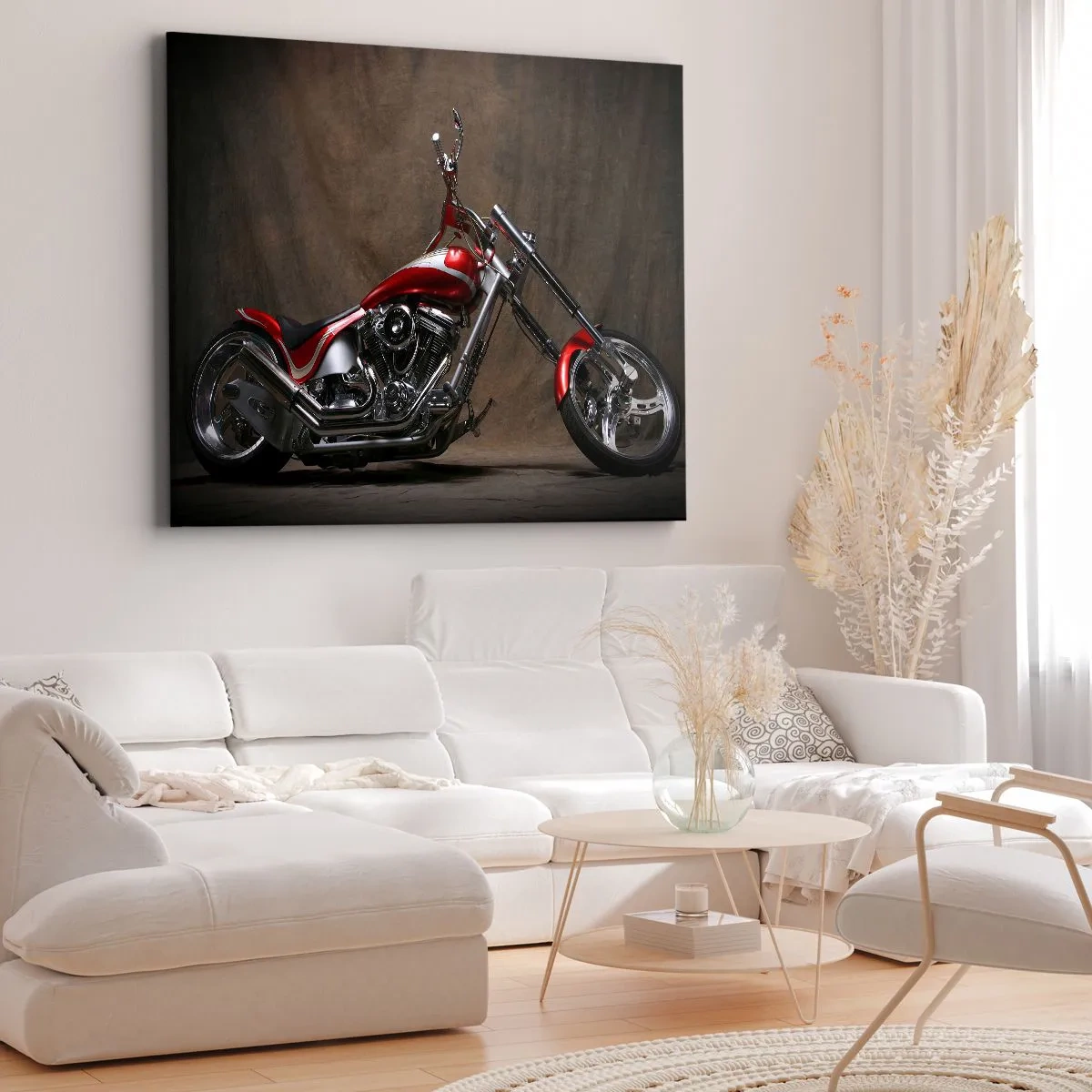 Obraz na płótnie - Czerwony motocykl custom na tle brązowego materiału - 70x50cm - Czerwono-srebrna piękność - Nowoczesna dekoracja ścienna do salonu i sypialni ARTTOR