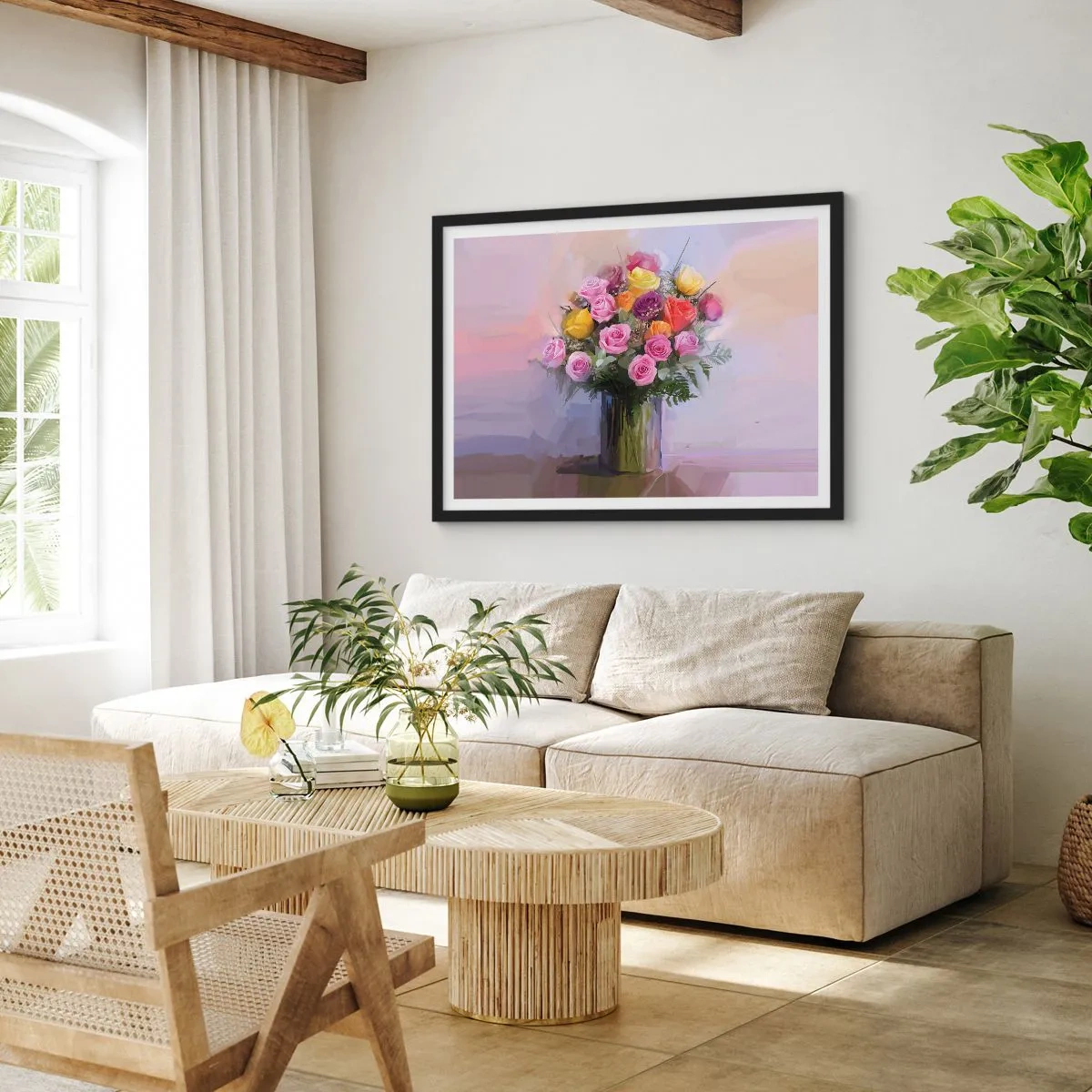 Plakat w czarnej ramie - Bukiet kolorowych róż w szklanym wazonie - 70x50cm - Zatrzymane piękno - Nowoczesna dekoracja ścienna do salonu i sypialni ARTTOR