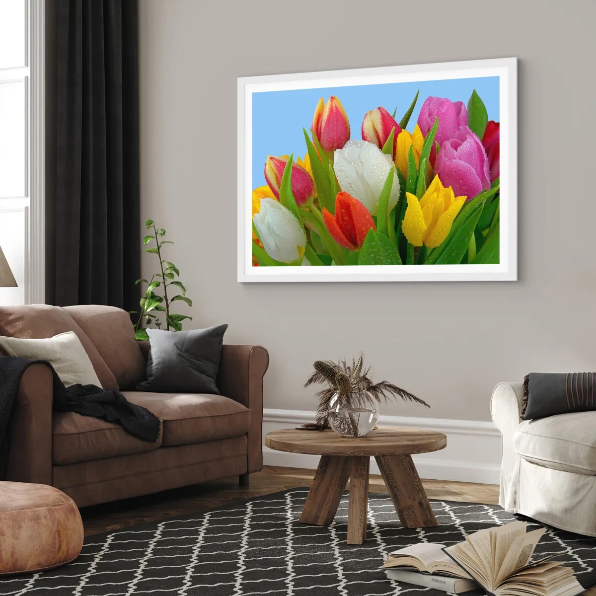 Plakat w białej ramie - Kwiatowa tęcza w kroplach rosy - 100x70 cm