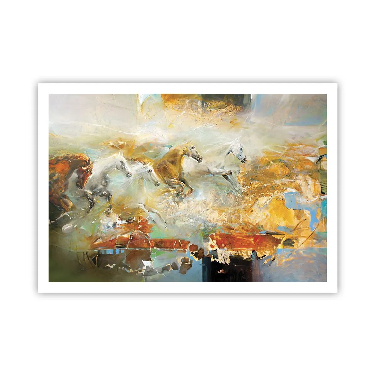 Plakat - Artystyczne konie w dynamicznej scenerii pełnej kolorów - 100x70cm - Galopem przez światło - Nowoczesna dekoracja ścienna do salonu i sypialni ARTTOR