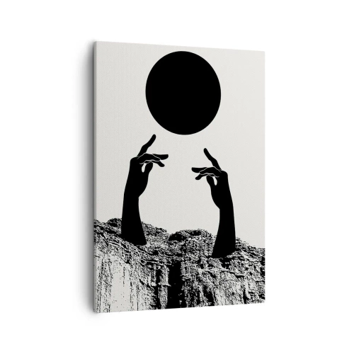 Obraz na płótnie - Czarne dłonie wyłaniające się z ziemi sięgające po czarne słońce - 50x70cm - Kompozycja surrealistyczna: słońce i reszta - Nowoczesna dekoracja ścienna do salonu, kuchni i sypialni ARTTOR
