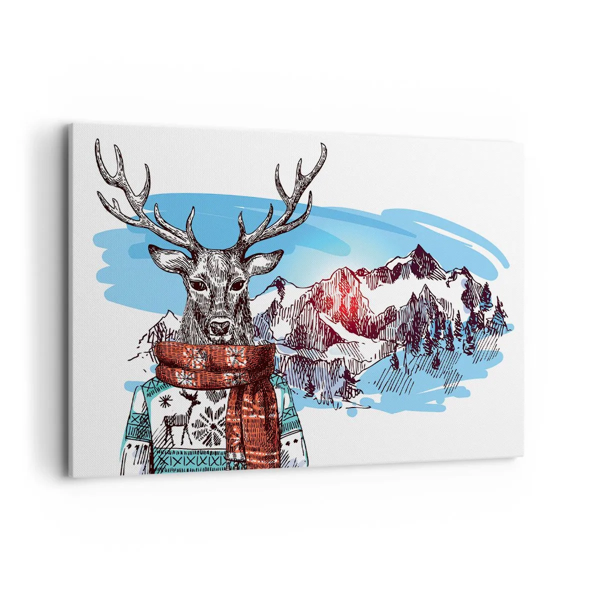 Obraz na płótnie - Jeleń w zimowym swetrze na tle górskiego krajobrazu - 100x70cm - Nawet jeleń nie marznie  - Nowoczesna dekoracja ścienna do salonu, kuchni i sypialni ARTTOR