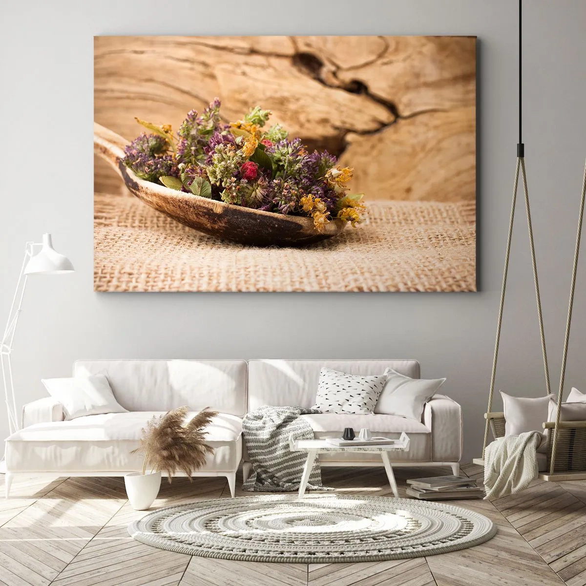 Obraz na płótnie - Suszone zioła w drewnianej łyżce na tle naturalnego drewna - 70x50cm - Kwiecie barwiste i zioła pachnące - Nowoczesna dekoracja ścienna do salonu i sypialni ARTTOR