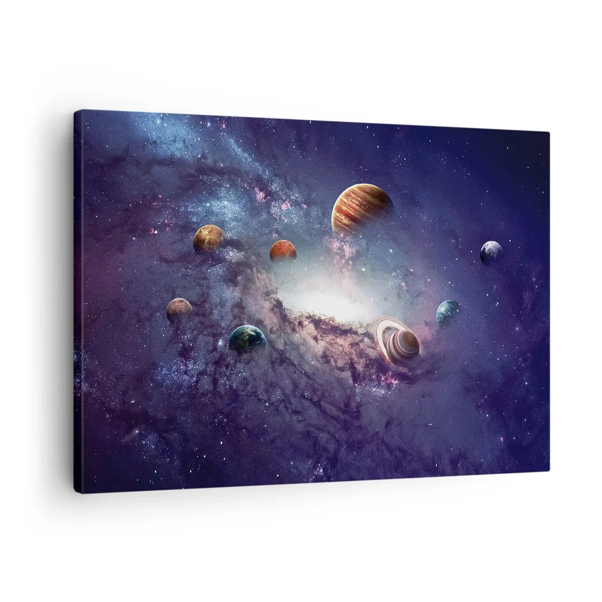 Obraz na płótnie - Planety w galaktyce na tle mgławicy - 70x50cm - Układ słoneczno-taneczny - Nowoczesna dekoracja ścienna do salonu i sypialni ARTTOR
