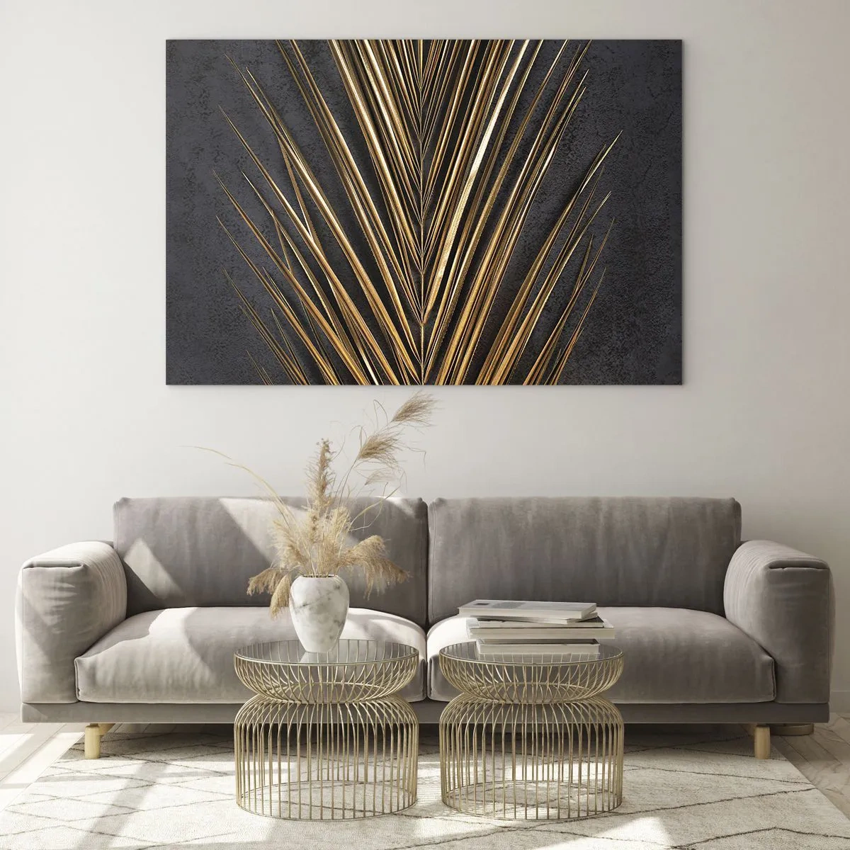Obraz na szkle - Złoty liść palmowy na ciemnym tle - 70x50cm - Złoto tropików - Nowoczesna dekoracja ścienna do salonu i sypialni ARTTOR