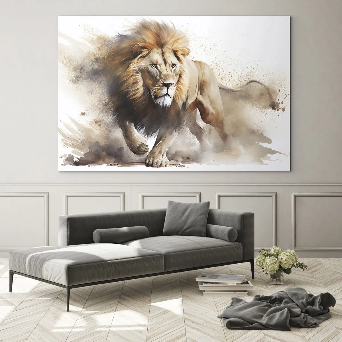 Obraz na szkle - Dynamiczne ujęcie biegnącego lwa w stylu akwarelowym - 70x50cm - Król ruszył - Nowoczesna dekoracja ścienna do salonu i sypialni ARTTOR