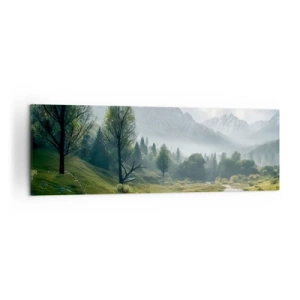Obraz na płótnie - Górski krajobraz z rzeką i drzewami w otoczeniu mglistych gór - 160x50cm - Tam i z powrotem - Nowoczesna dekoracja ścienna do salonu i sypialni ARTTOR