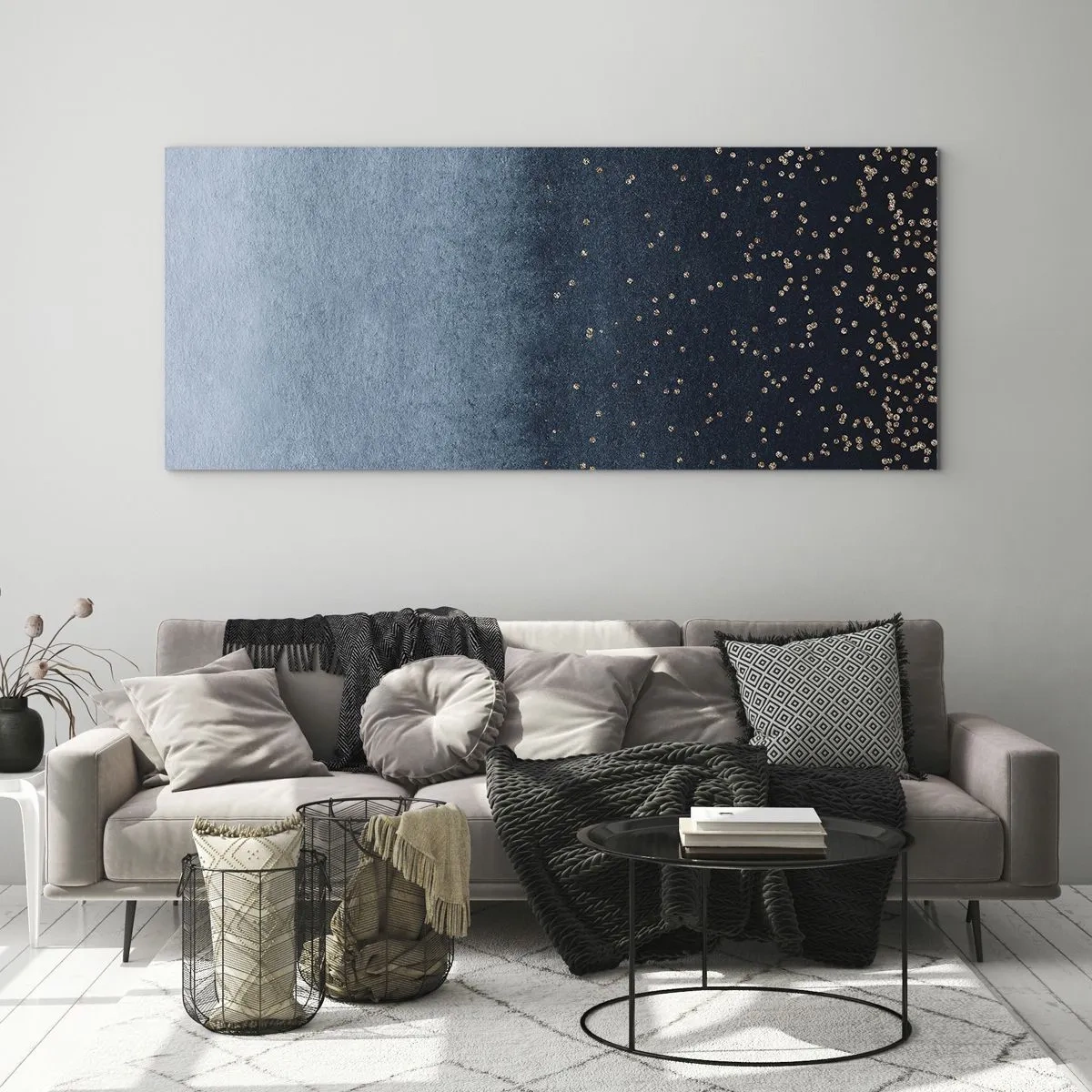 Obraz na szkle - Niebieskie gradienty z drobnymi złotymi akcentami - 120x50cm - Kompozycja – niebieskie fazy - Nowoczesna dekoracja ścienna do salonu i sypialni ARTTOR