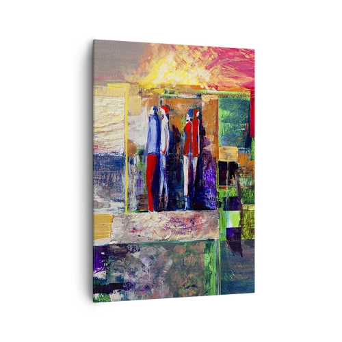 Obraz na płótnie - Abstrakcyjna kompozycja z postaciami i geometrycznymi wzorami - 70x100cm - Relacje i emocje - Nowoczesna dekoracja ścienna do salonu i sypialni ARTTOR