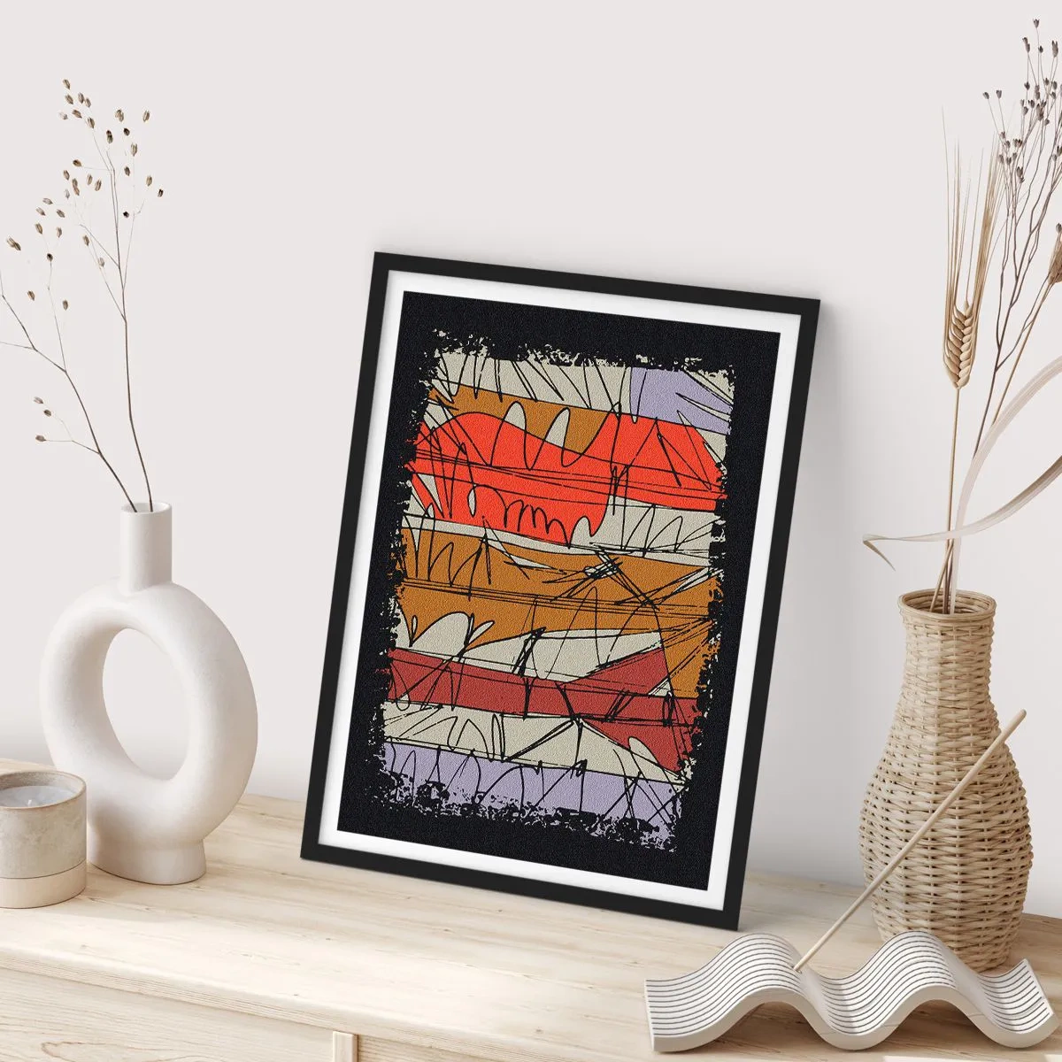 Plakat w czarnej ramie - Abstrakcyjna kompozycja z dynamicznymi liniami i barwami - 50x70cm - Kompozycja spontaniczna - Nowoczesna dekoracja ścienna do salonu i sypialni ARTTOR