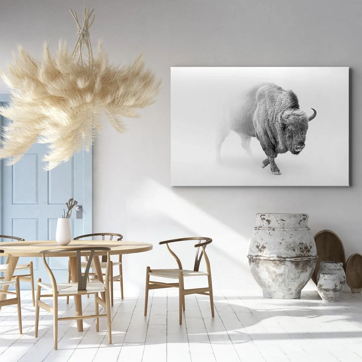 Obraz na płótnie - Biały bizon w minimalistycznej scenerii - 70x50cm - Król prerii - Nowoczesna dekoracja ścienna do salonu i sypialni ARTTOR