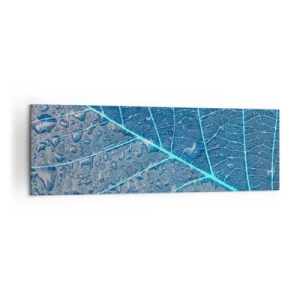 Obraz na płótnie - Liść w błękitnych odcieniach z kroplami wody - 160x50cm - Życie w błękicie - Nowoczesna dekoracja ścienna do salonu i sypialni ARTTOR
