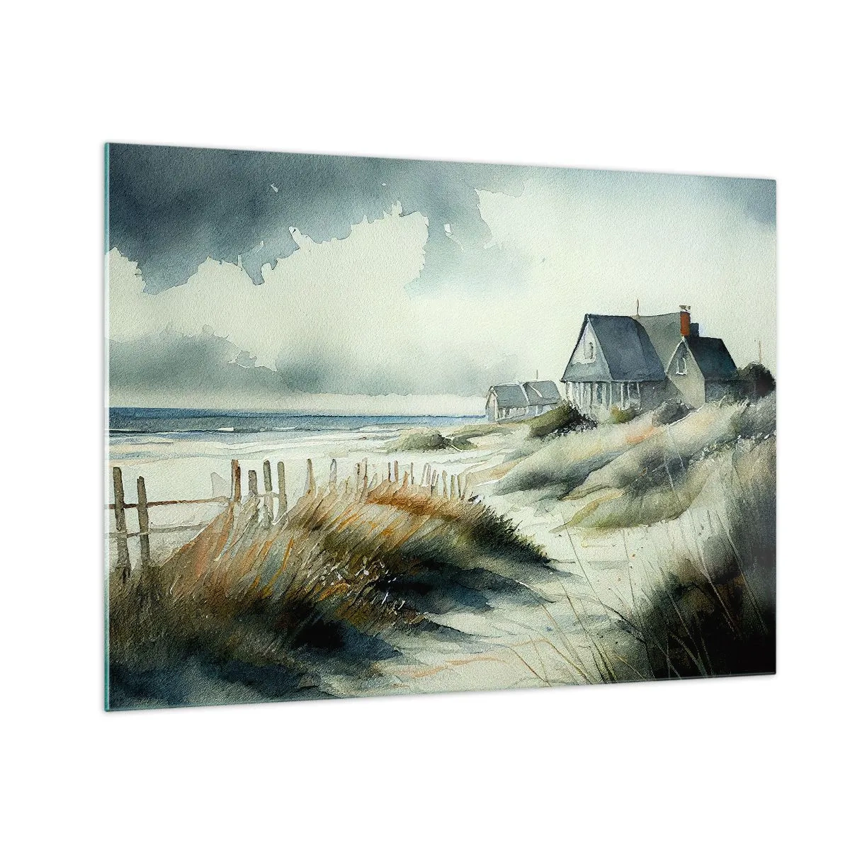 Obraz na szkle - Domy na wydmach przy plaży pod zachmurzonym niebem - 70x50cm - Z dala od zgiełku - Nowoczesna dekoracja ścienna do salonu i sypialni ARTTOR
