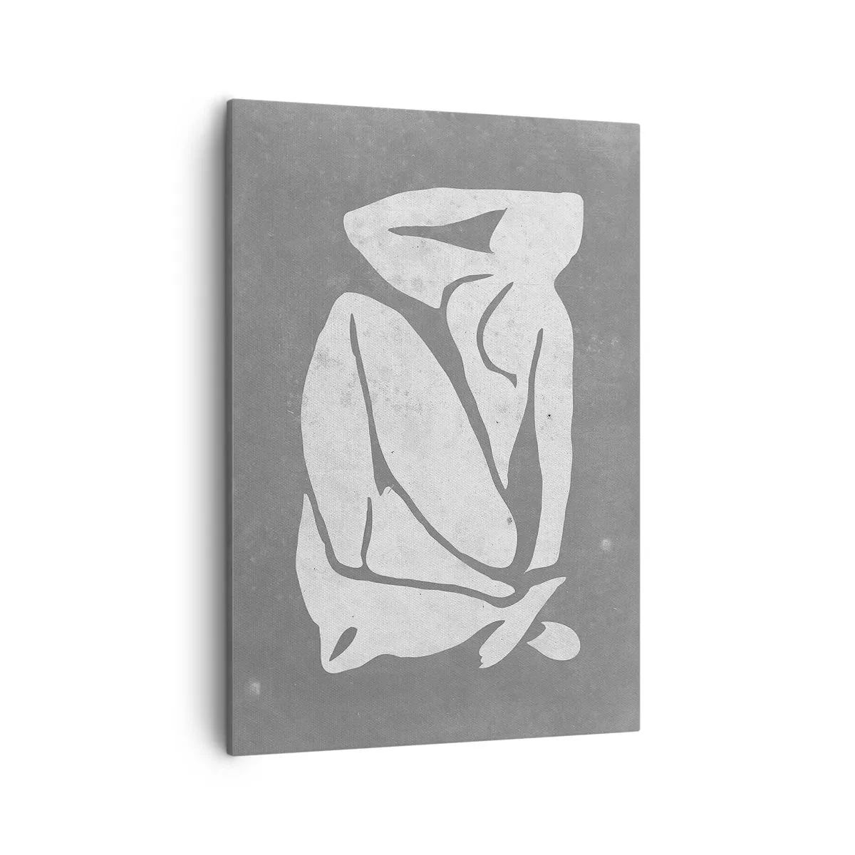 Obraz na płótnie - Minimalistyczna sylwetka kobiety w pozycji zamyślenia na szarym tle - 50x70cm - W zamyśleniu - Nowoczesna dekoracja ścienna do salonu, kuchni i sypialni ARTTOR