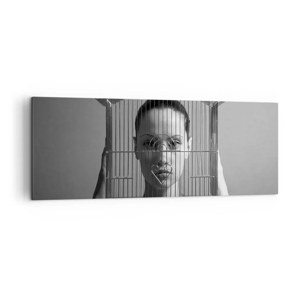 Obraz na płótnie - Kobieta za klatką w surrealistycznym stylu - 140x50cm - Portret nieco surrealistyczny - Nowoczesna dekoracja ścienna do salonu i sypialni ARTTOR