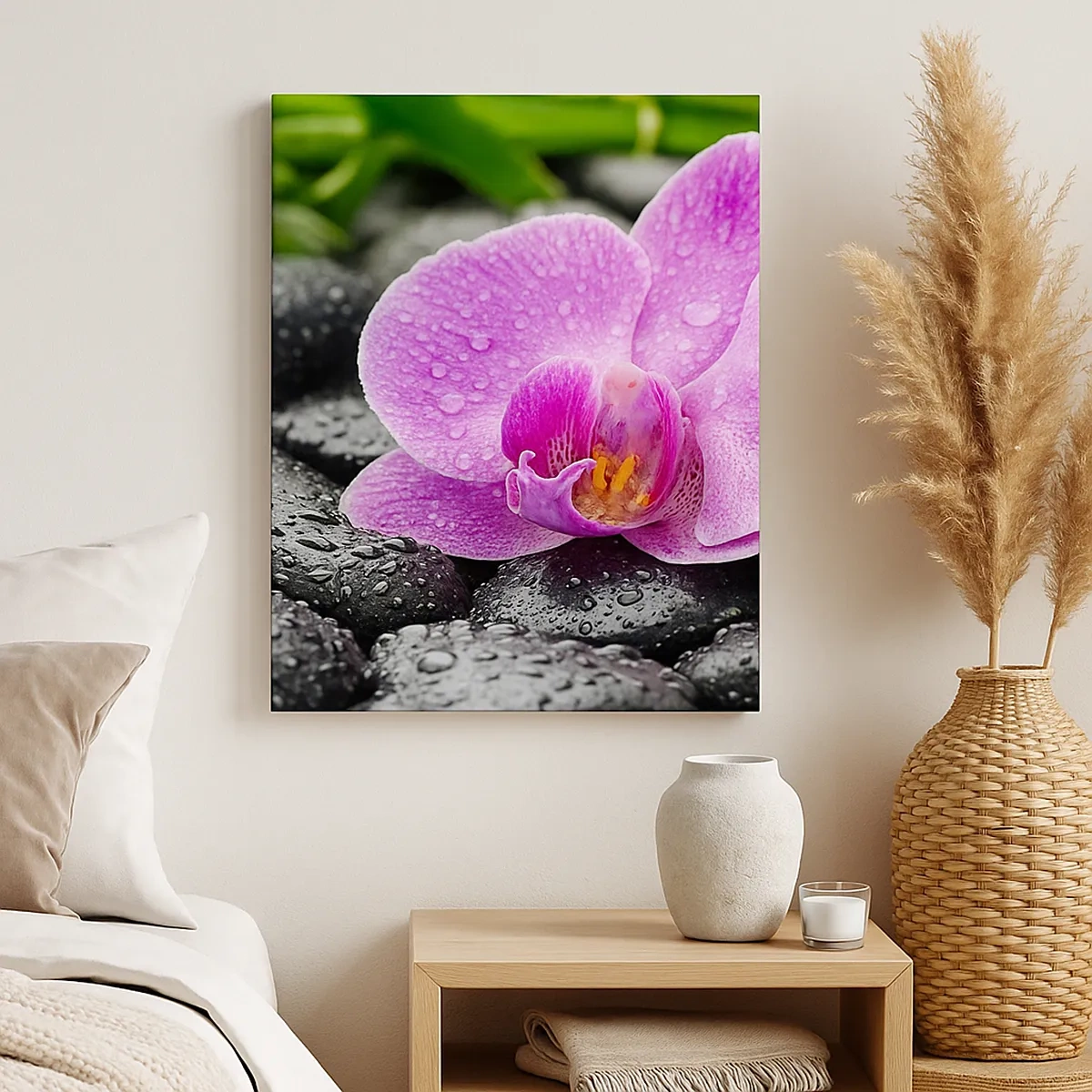 Obraz na płótnie - Różowy kwiat orchidei na mokrych kamieniach w naturalnym otoczeniu - 50x70cm - Jak otwarte serce - Nowoczesna dekoracja ścienna do salonu, kuchni i sypialni ARTTOR