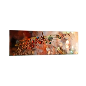 Obraz na szkle - Makrofotografia kropli wody na delikatnej roślinie - 160x50cm - Nanizane na pajęczą nić - Nowoczesna dekoracja ścienna do salonu i sypialni ARTTOR