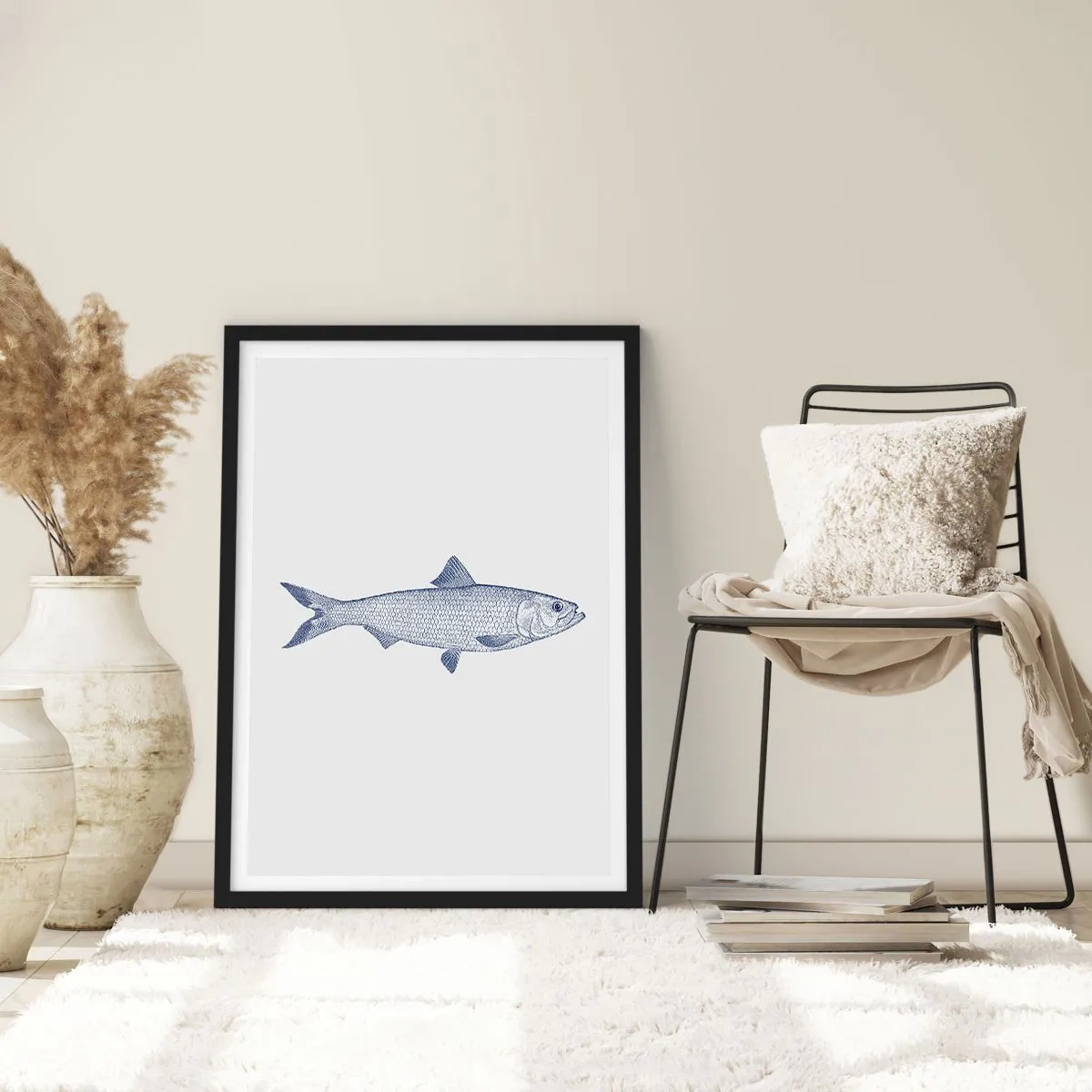 Plakat w czarnej ramie - Pozdrowienia z północnych mórz - Minimalistyczna ilustracja ryby w stylu vintage - 50x70cm