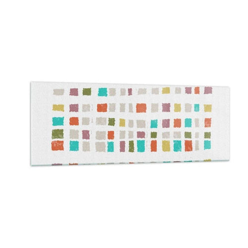 Obraz na szkle - Kolorowe kwadraty w minimalistycznym układzie na białym tle - 140x50cm - Nieznana gra - Nowoczesna dekoracja ścienna do salonu i sypialni ARTTOR